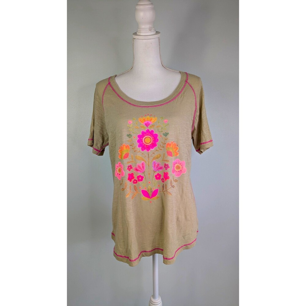 Natural Life Womens XL Floral Graphic Tee Beige Tan Embroidered Stitch Boho Top